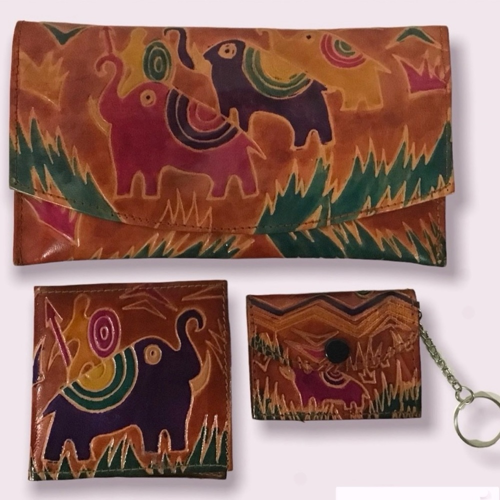 Vintage colourful leather elephant clutch & wallet set
